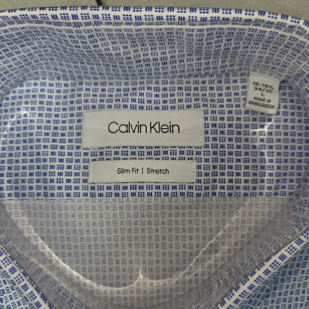 Calvin Klein Men Regular Fit Blue White Wrinkle Free Dress Shirt Large 16 16.5 - Picture 4 of 7